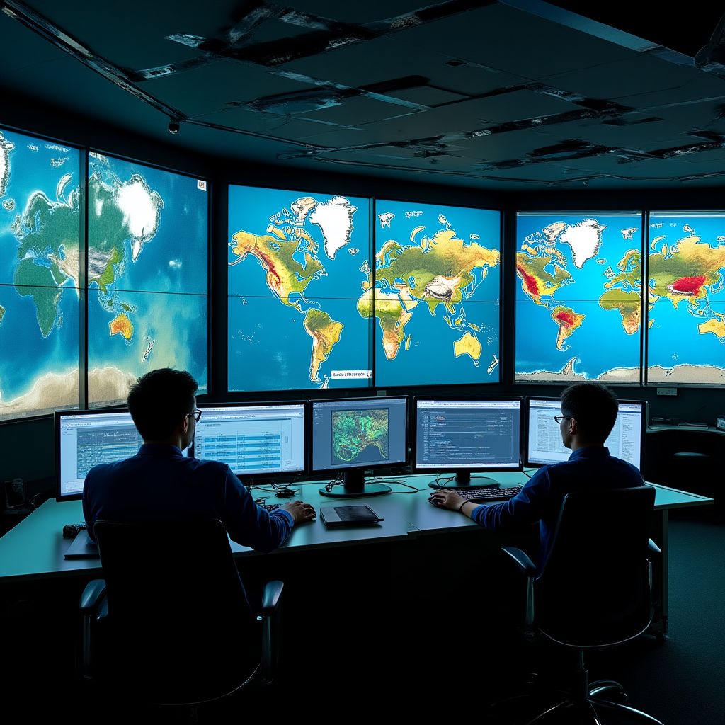 Sala de análisis de datos con pantallas mostrando modelos geológicos 3D